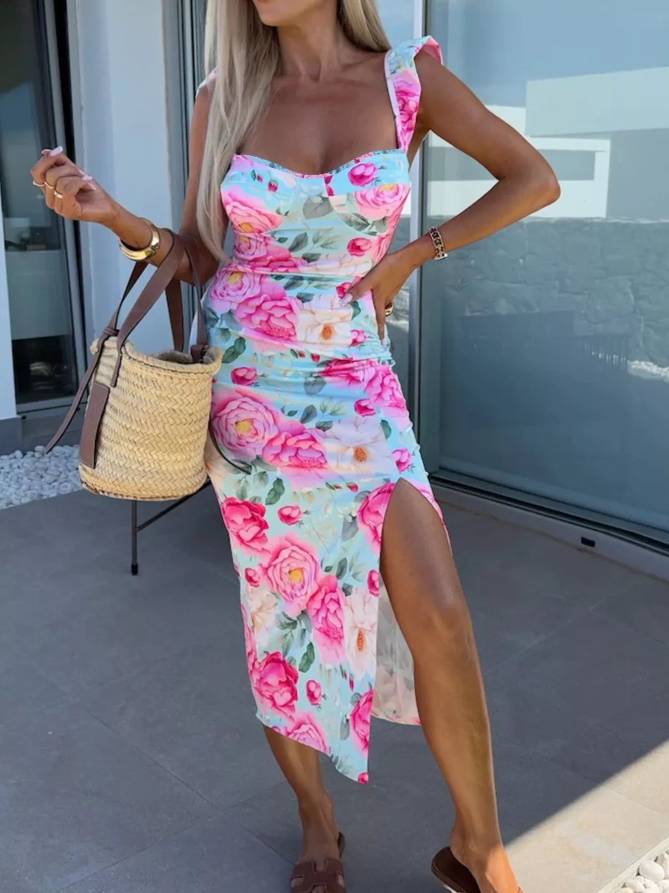 Pink rose floral midi dress with sweetheart bodice, ruffle straps, thigh slit