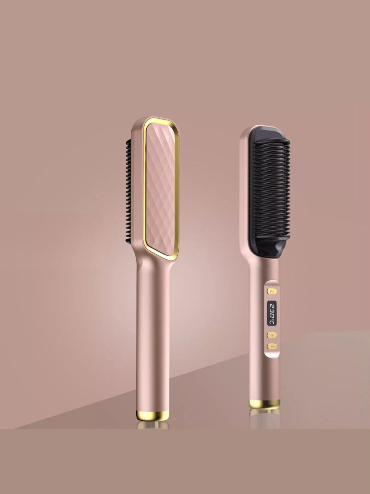 Rose gold ceramic straightening comb with black comb head and side buttons