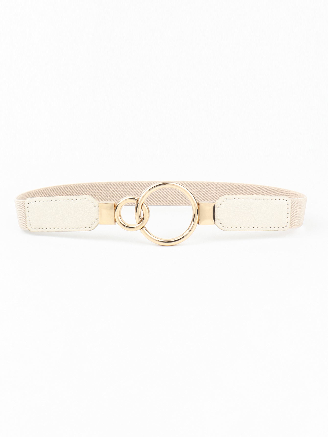Cream elastic vegan leather belt with double ring buckle and stitched strap panels