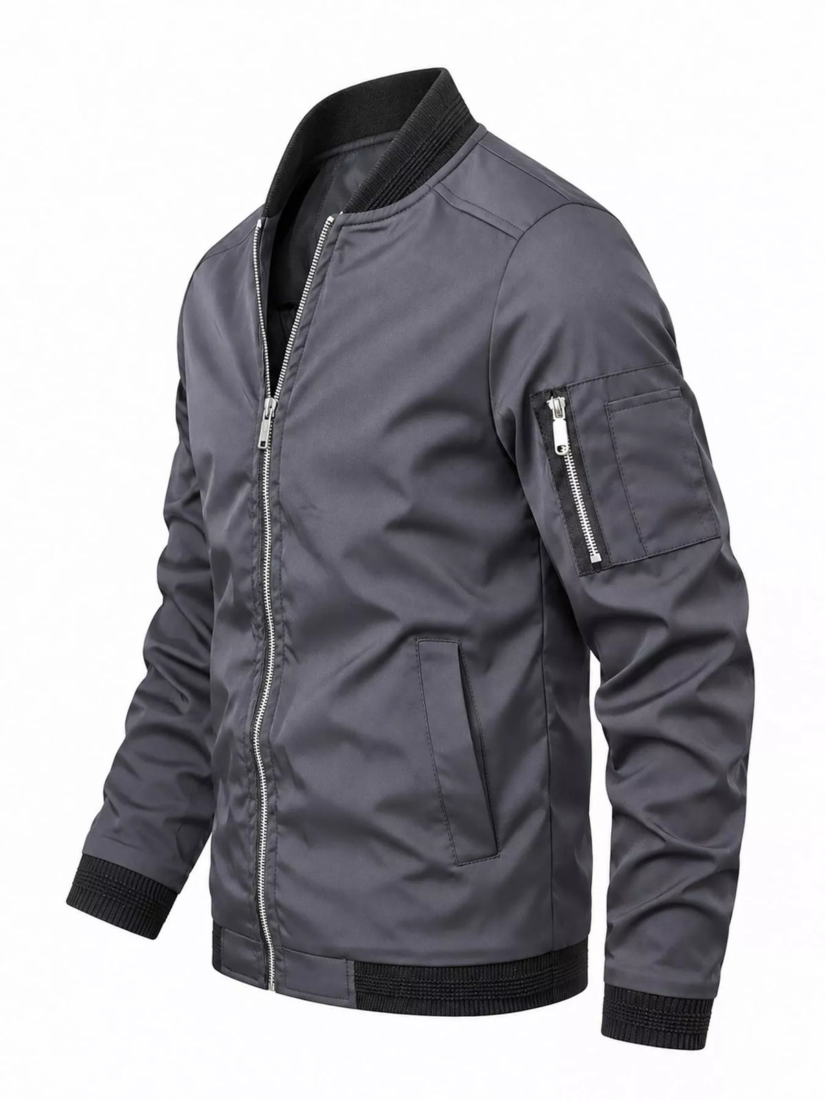 Men's lightweight bomber jacket, dark gray side view with sleeve pocket and zipped front