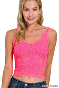 Cedar & Moore Zenana Washed Ribbed Seamless Cropped V-neck Tank Top in Coral Fuchsia