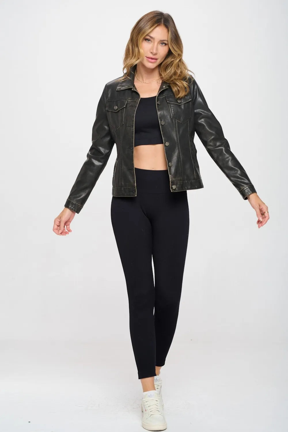 Black vegan leather button-down shacket with chest pockets, stand collar, and cuffs