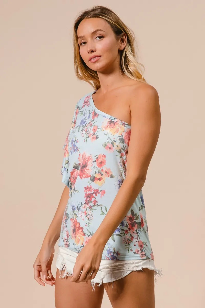 Floral printed light blue jersey top with one-shoulder strap and ruffle sleeve