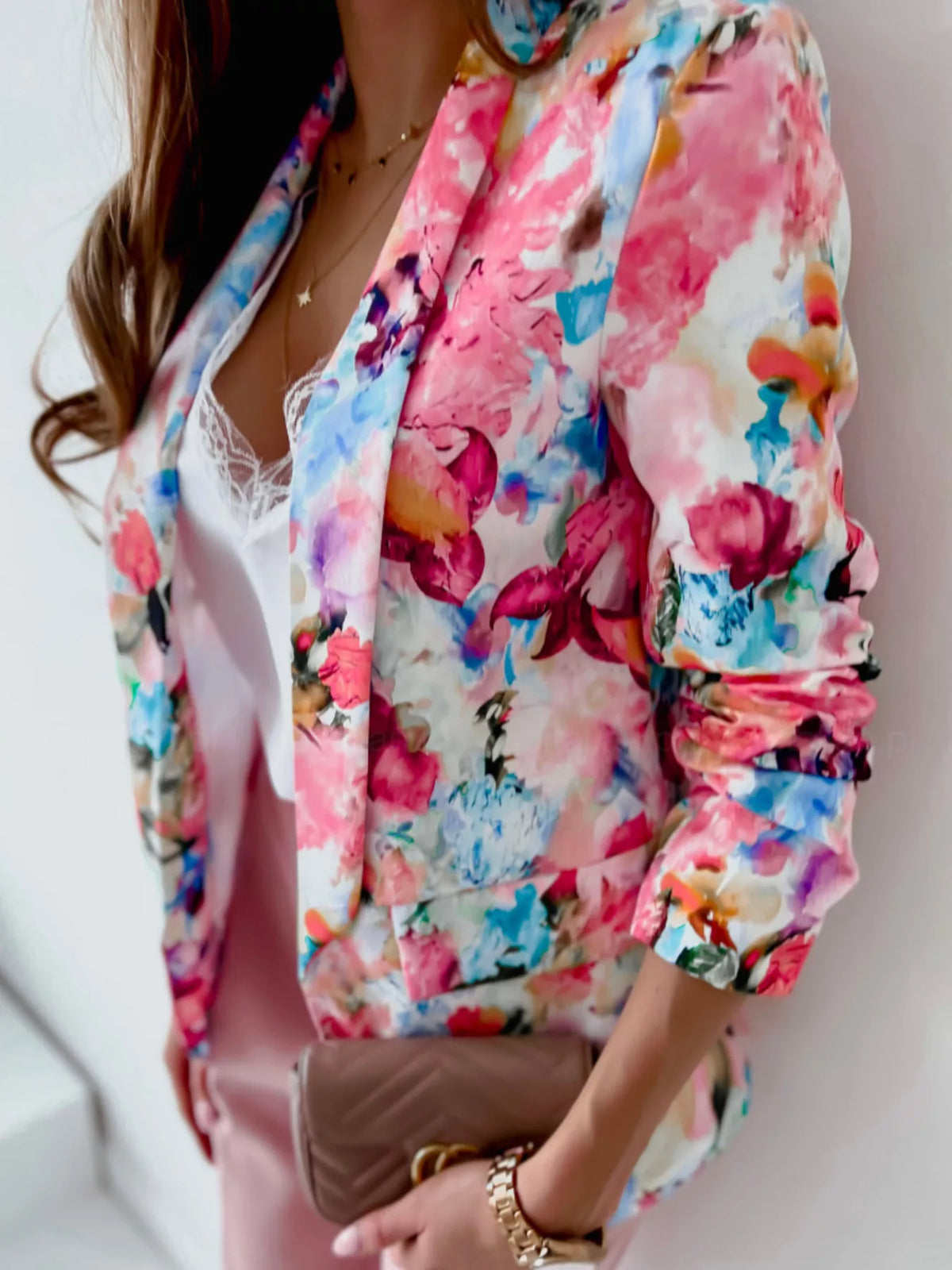 Floral print open-front blazer with patch pockets, pink and blue floral pattern, 3/4 sleeves