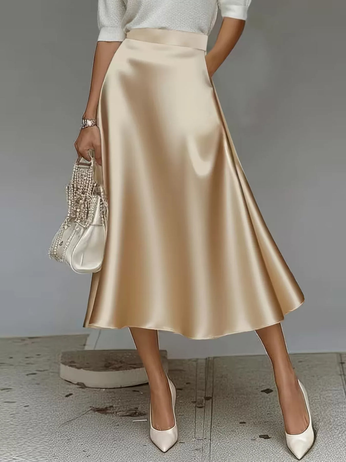 High-waist satin midi skirt with pockets, light beige/gold satin finish