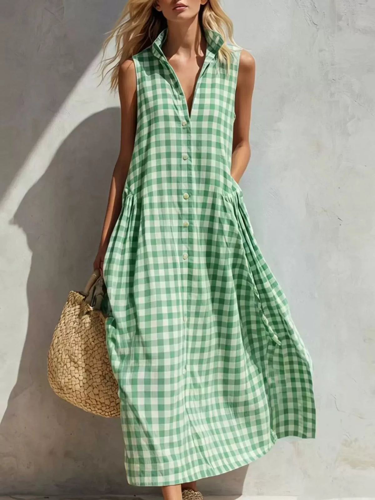 Green gingham sleeveless button-down midi dress with collar and front buttons