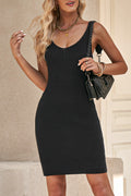 Black ribbed sleeveless V-neck dress with fitted silhouette and straight hem.