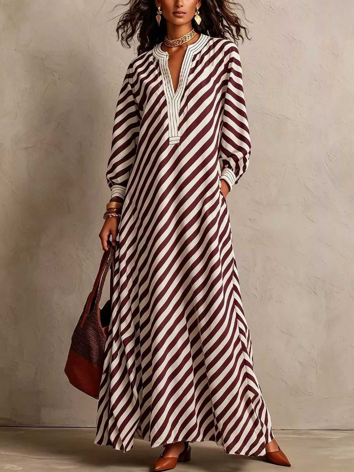 Burgundy-and-white striped long-sleeve maxi dress with V-neck button front