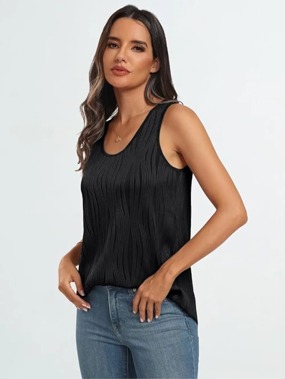 Black wide-strap tank top with round neckline and vertical ribbed texture