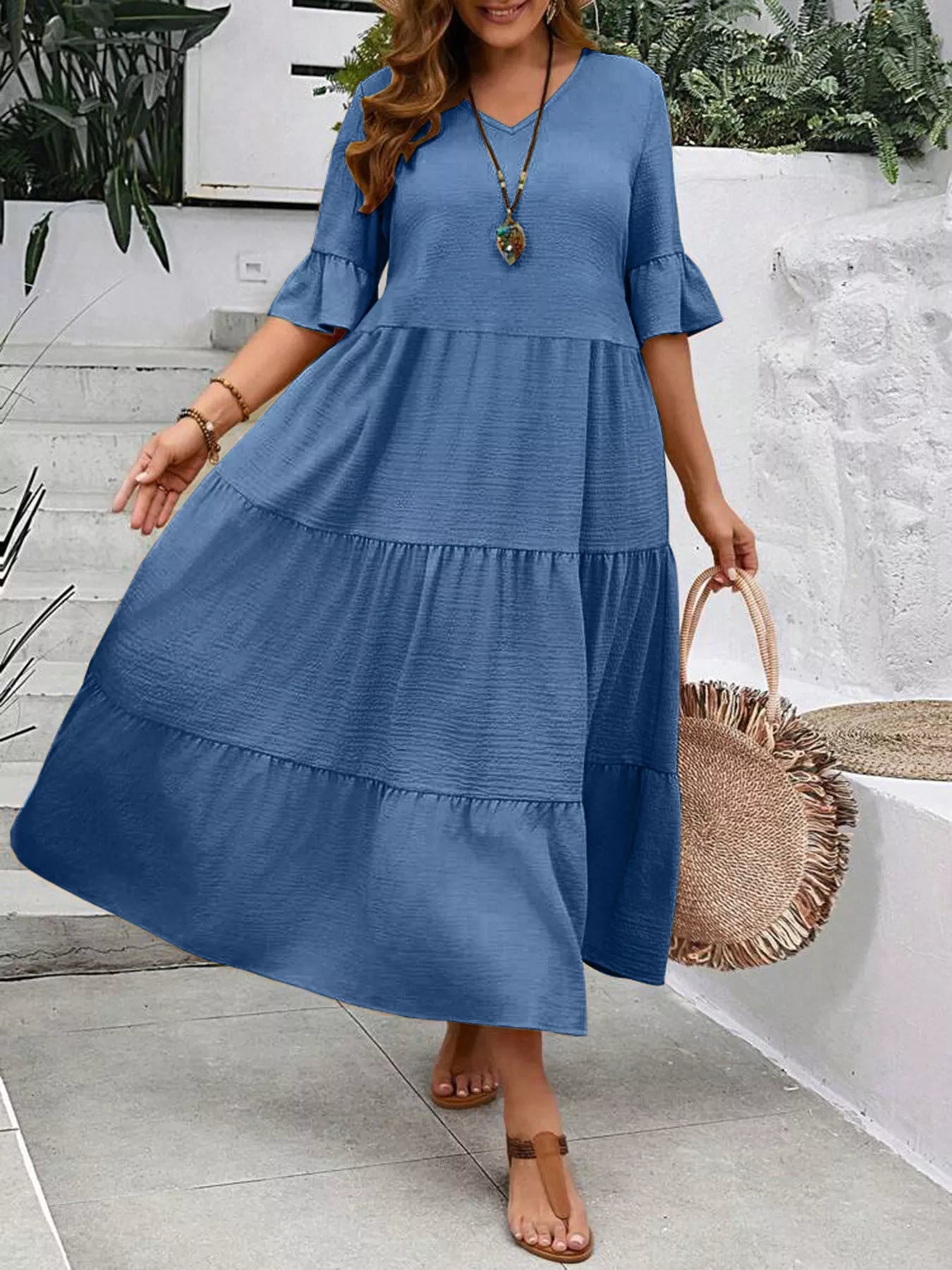 Tiered midi dress with ruffle sleeves and tiered hem, royal blue