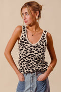 Cedar & Moore SO ME Leopard Knitted Lightweight V-Neck Tank Top in beige leopard print