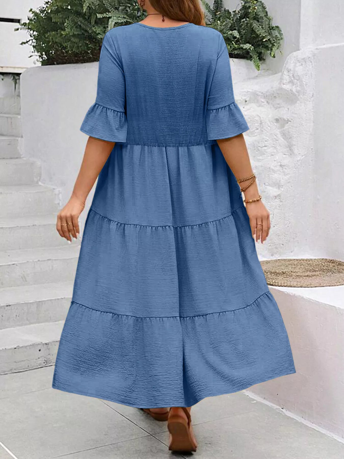 Tiered midi dress with ruffle sleeves, back view, medium blue