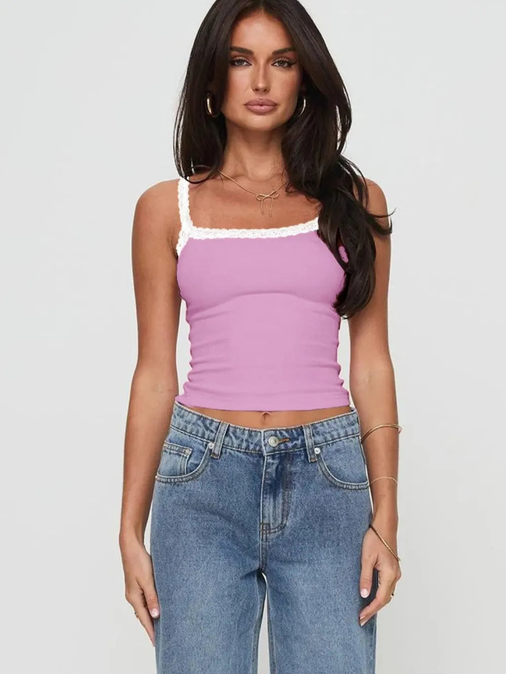 Purple cropped cami with white lace-trim square neckline