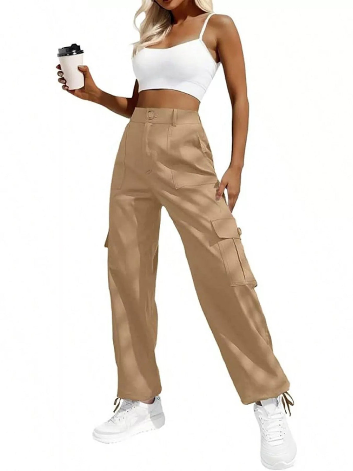 High-waist cargo pants in khaki with cargo pockets and drawstring cuff hems