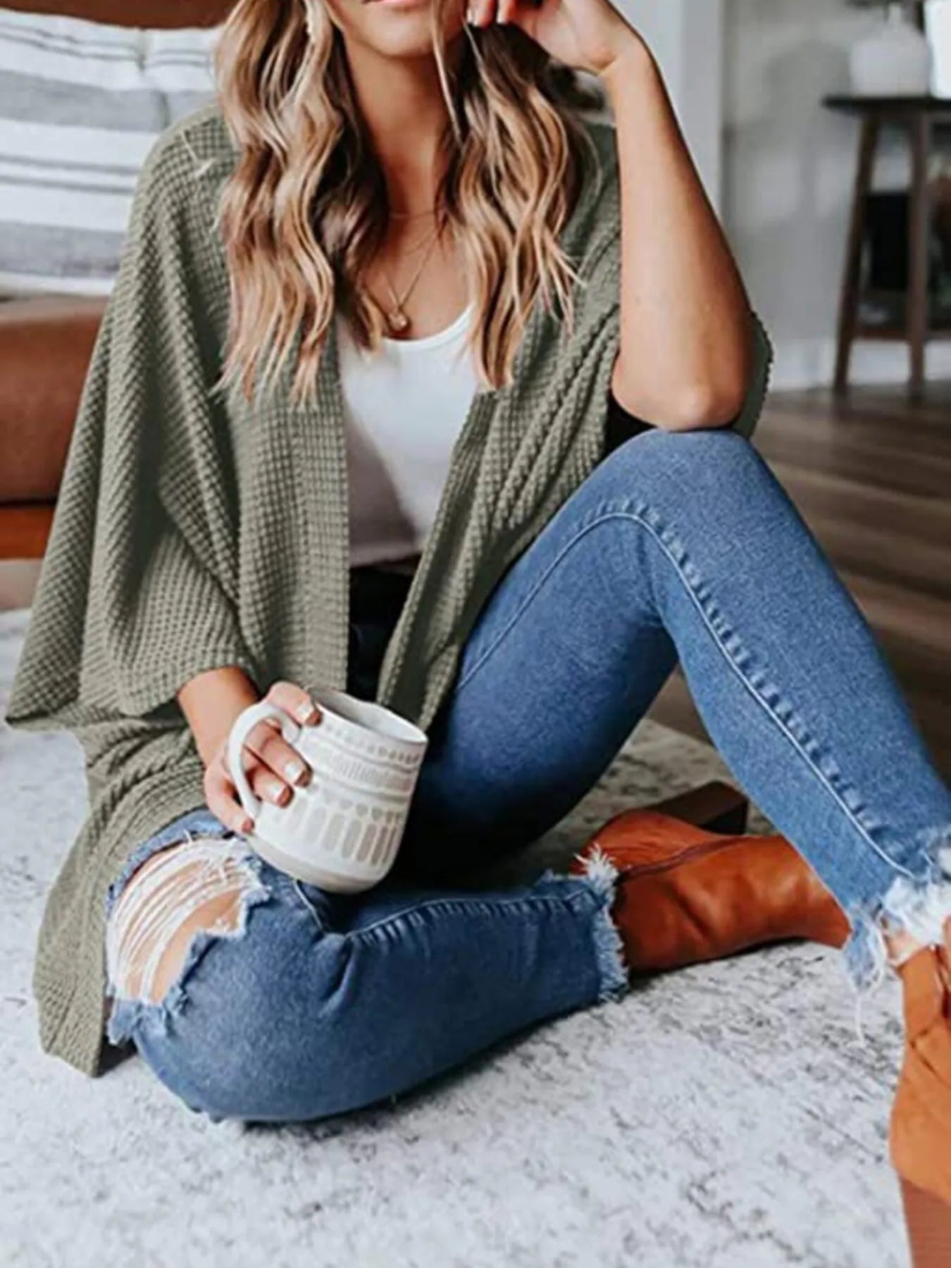 Open front waffle knit cardigan, olive green, draped kimono sleeves, plus size