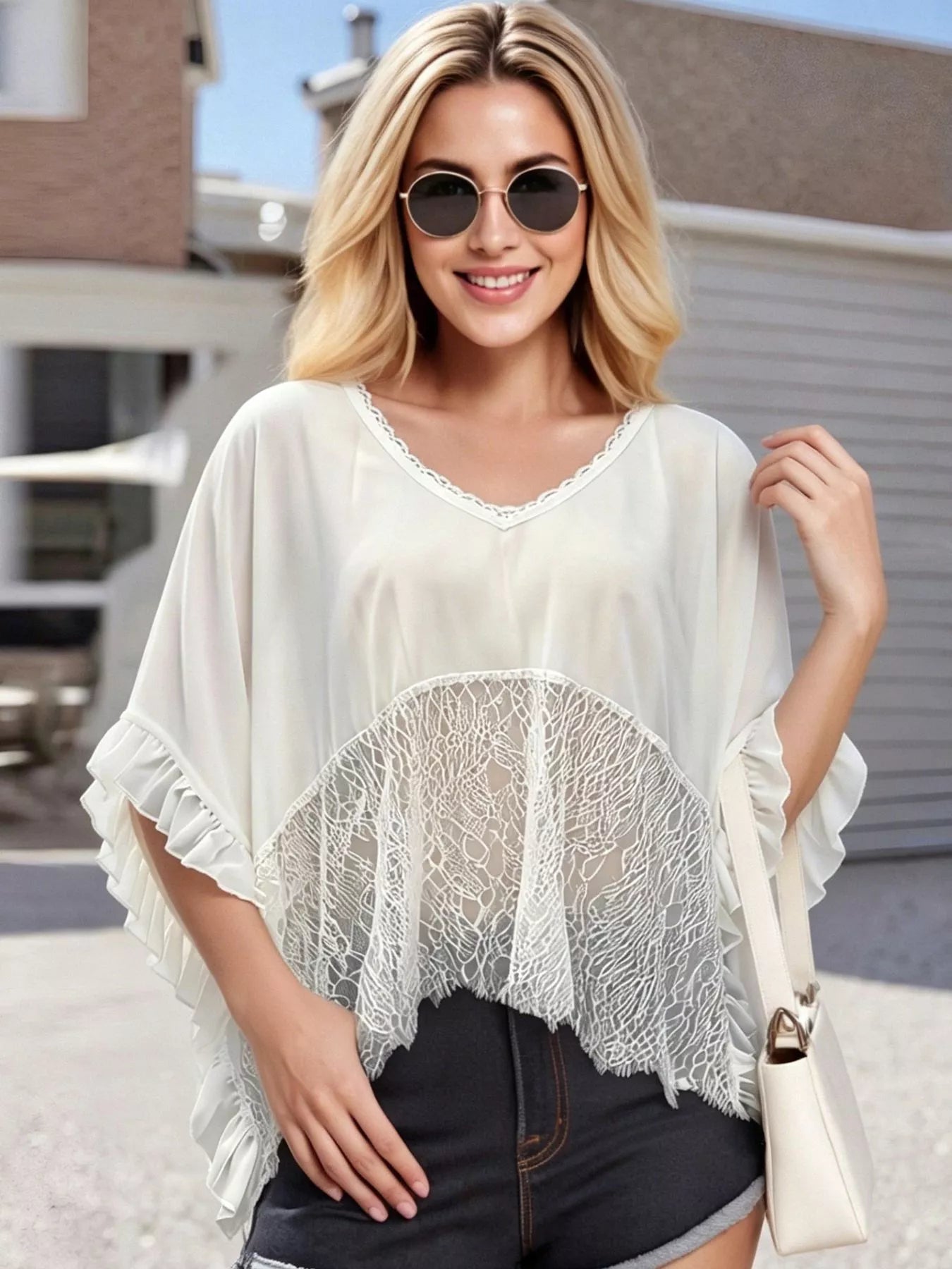 Cedar & Moore Lace Trim Flowy Cover-Up by Trendsi, ivory sheer lace with ruffled sleeves