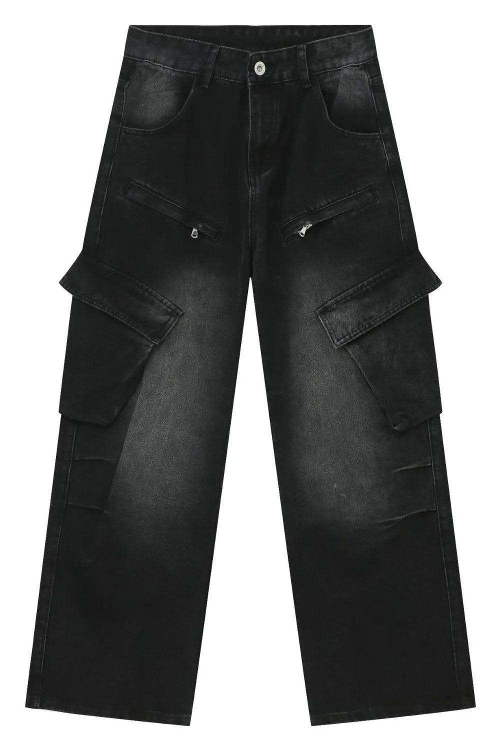Dark baggy cargo jeans with front button closure and flap cargo pockets
