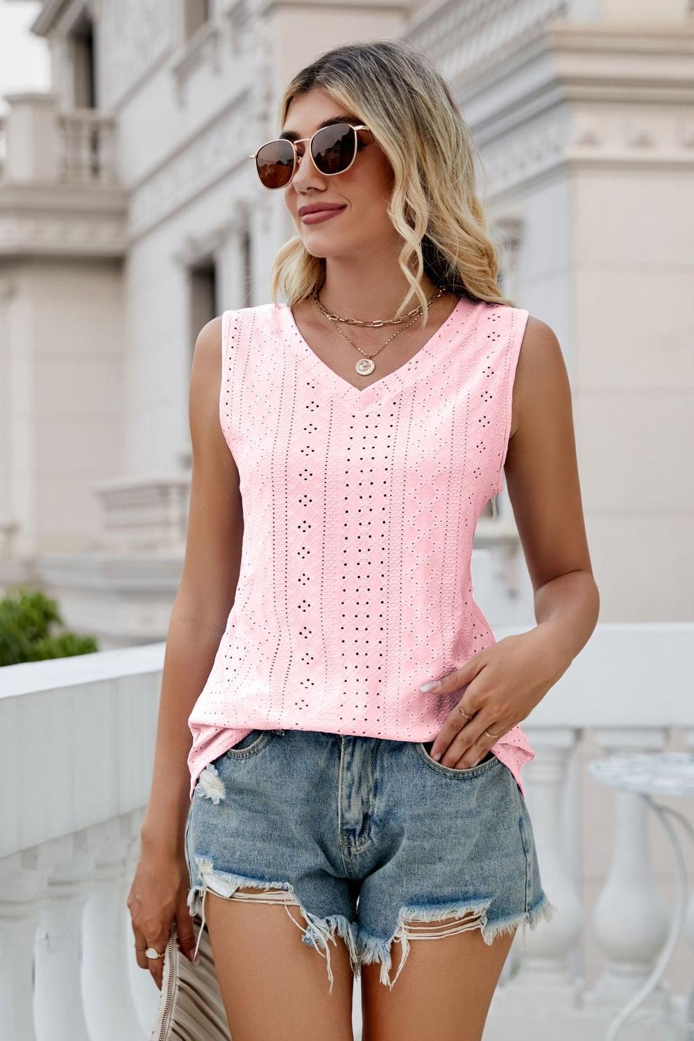Blush pink eyelet V-neck tank top with vertical eyelet detailing and sleeveless cut