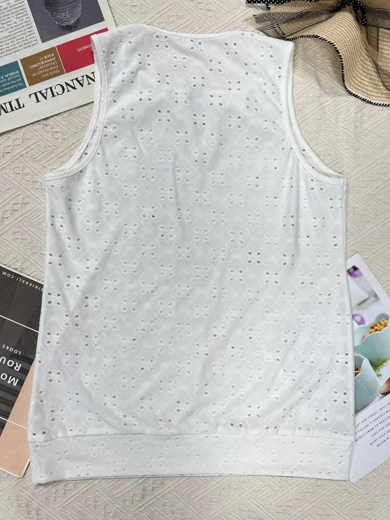 Cedar & Moore Eyelet Round Neck Cami in white by Trendsi; sleeveless, non-stretch eyelet fabric.