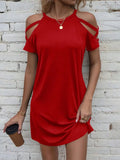 Cold Shoulder Mini Dress, red with strappy cutout shoulders.