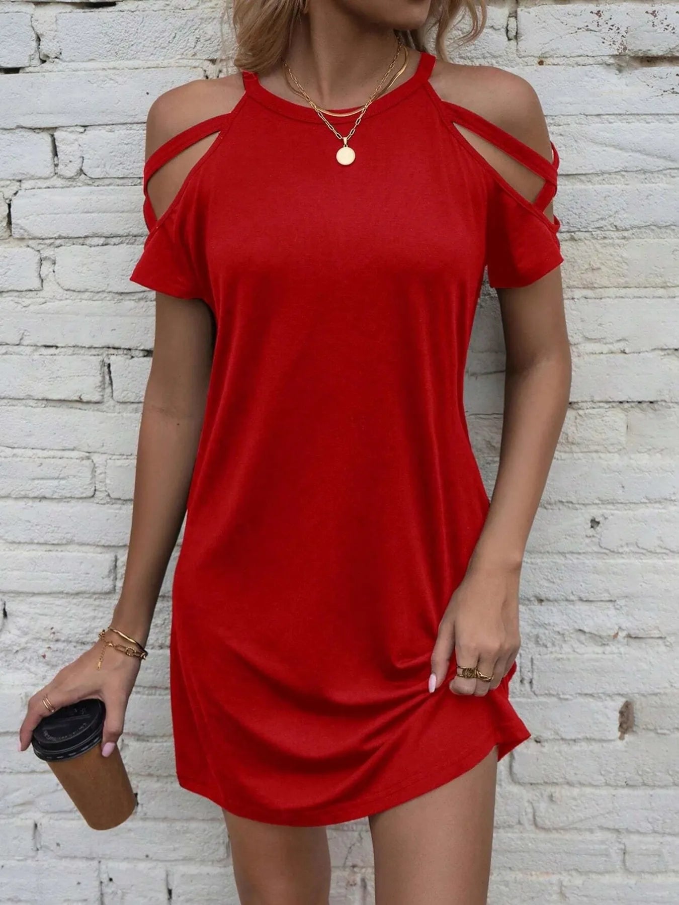 Cold Shoulder Mini Dress, red with strappy cutout shoulders.