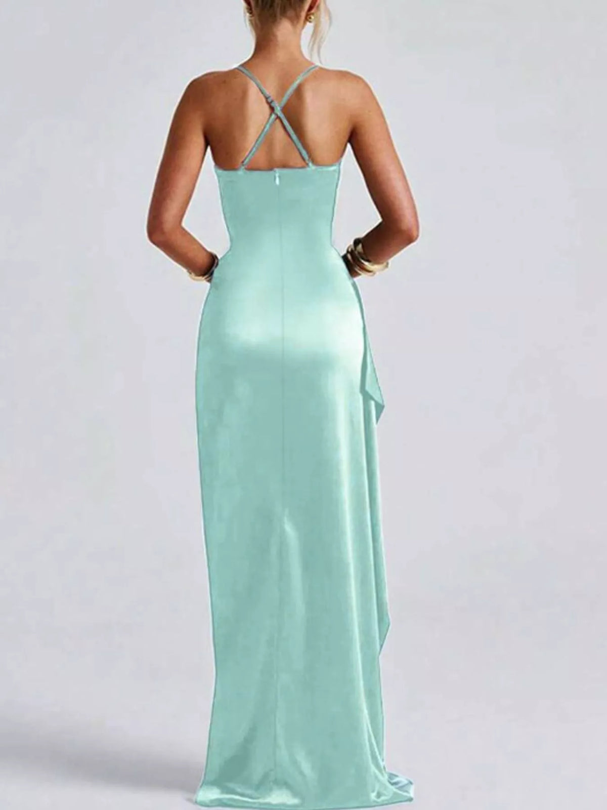 Teal satin ruched maxi dress with crisscross back straps and high side slit