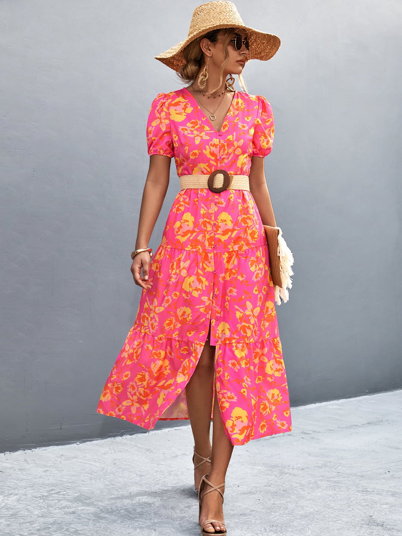 Hot pink V-neck short sleeve midi dress with high slit and yellow floral print, fitted belt