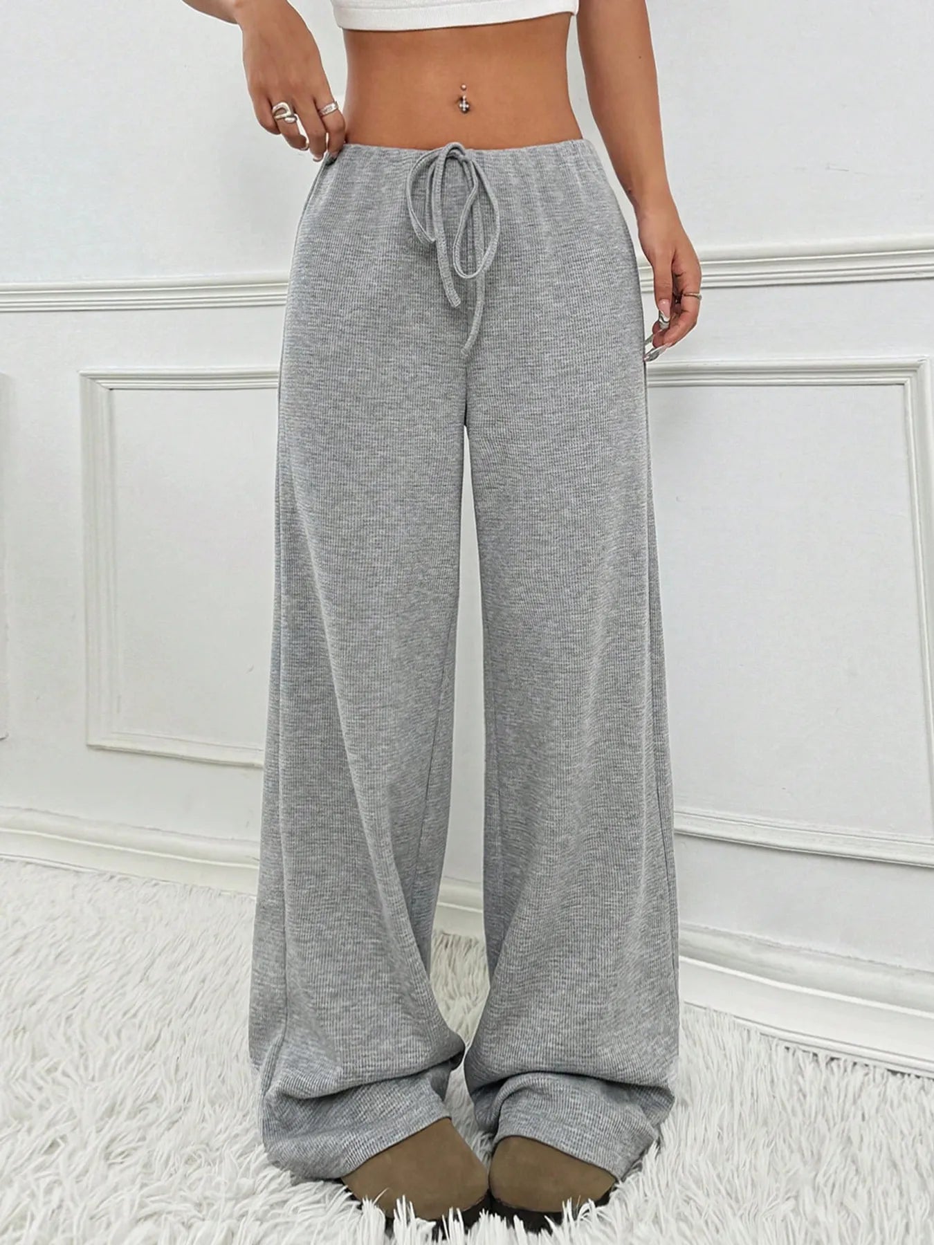 Heather gray wide-leg drawstring pants, loose relaxed legs