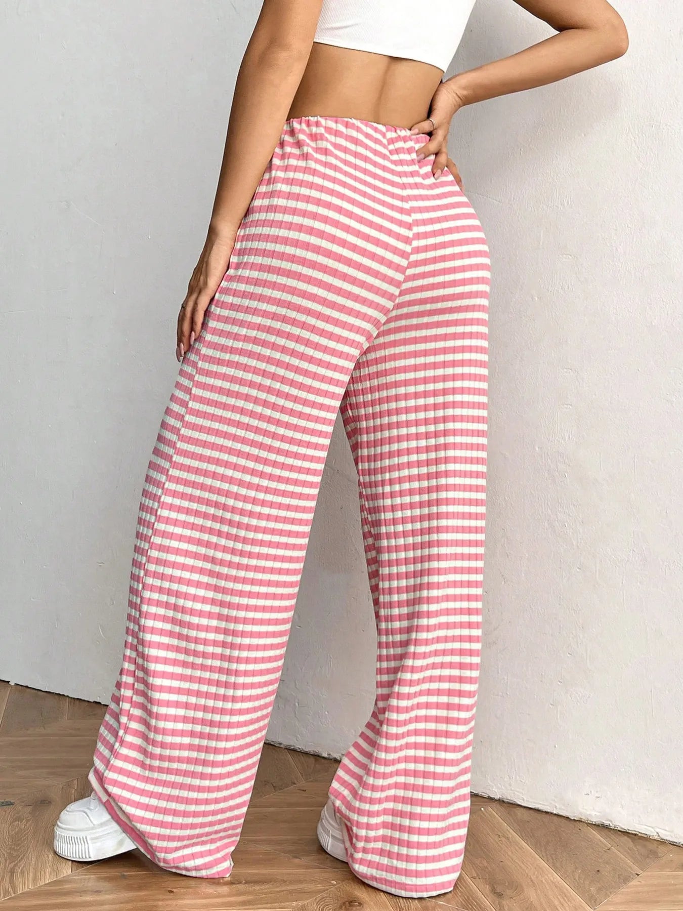Striped wide-leg drawstring pants, pink and white horizontal stripes, relaxed wide fit