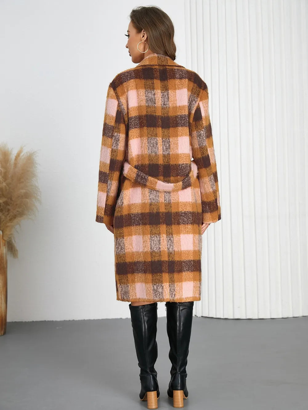 Back of plaid collared neck coat with tie waist, long sleeves, brown and tan check