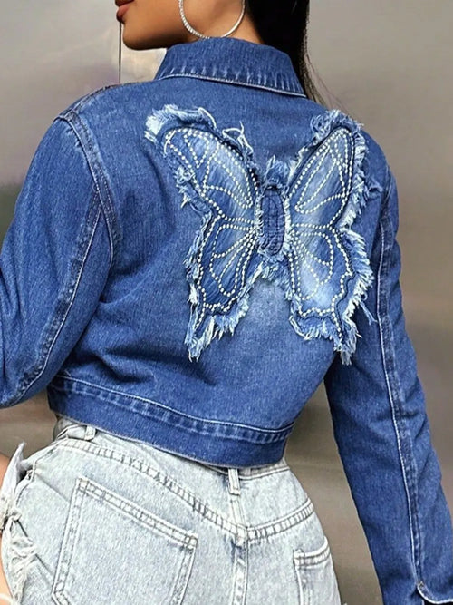 Butterfly patch cropped denim top, back yoke graphic, long sleeves, dark blue