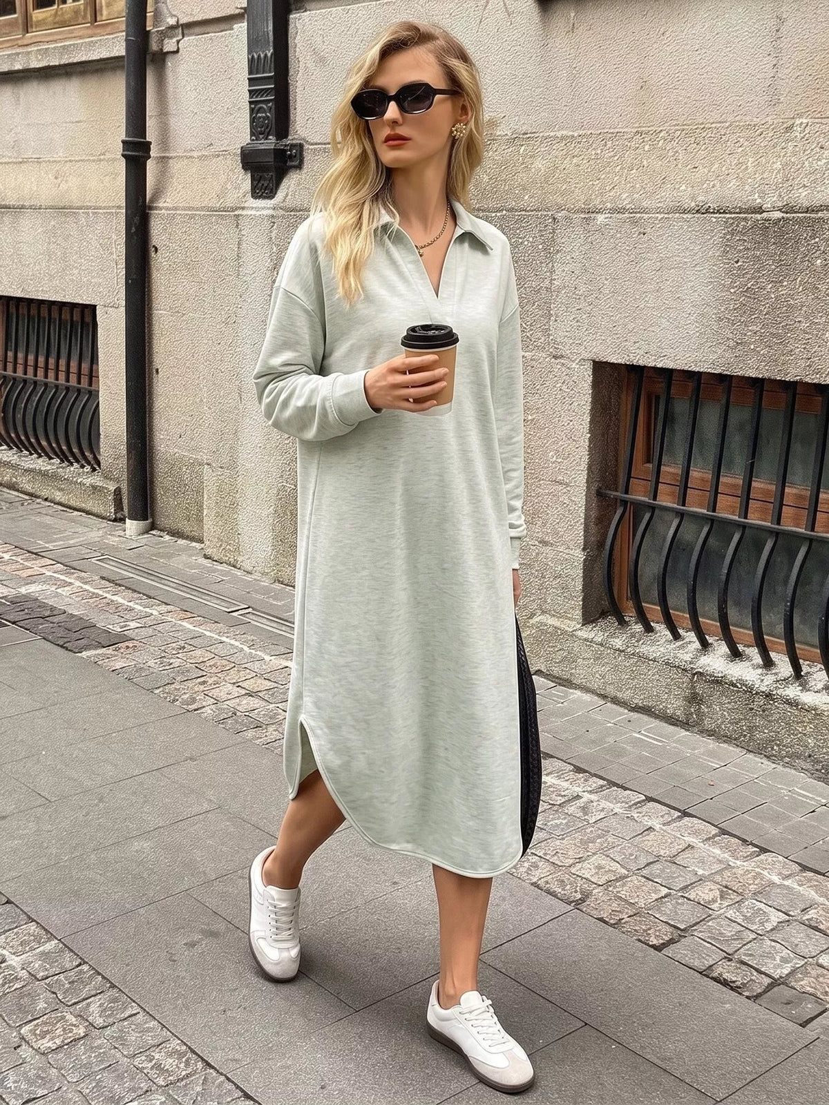 Light gray long-sleeve polo midi dress with split hem and buttoned neckline