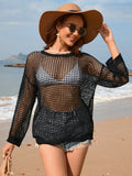 Black openwork long-sleeve cover-up with dropped shoulders and mesh texture.