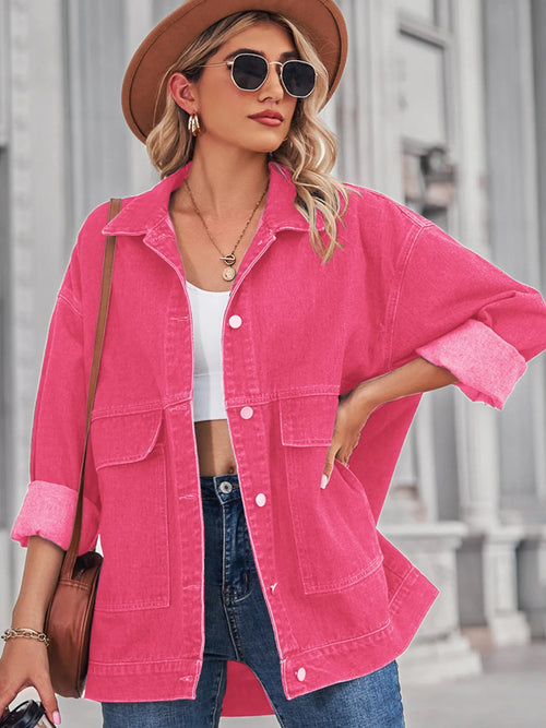 Hot pink denim button-up jacket with long sleeves and chest pockets, front buttons
