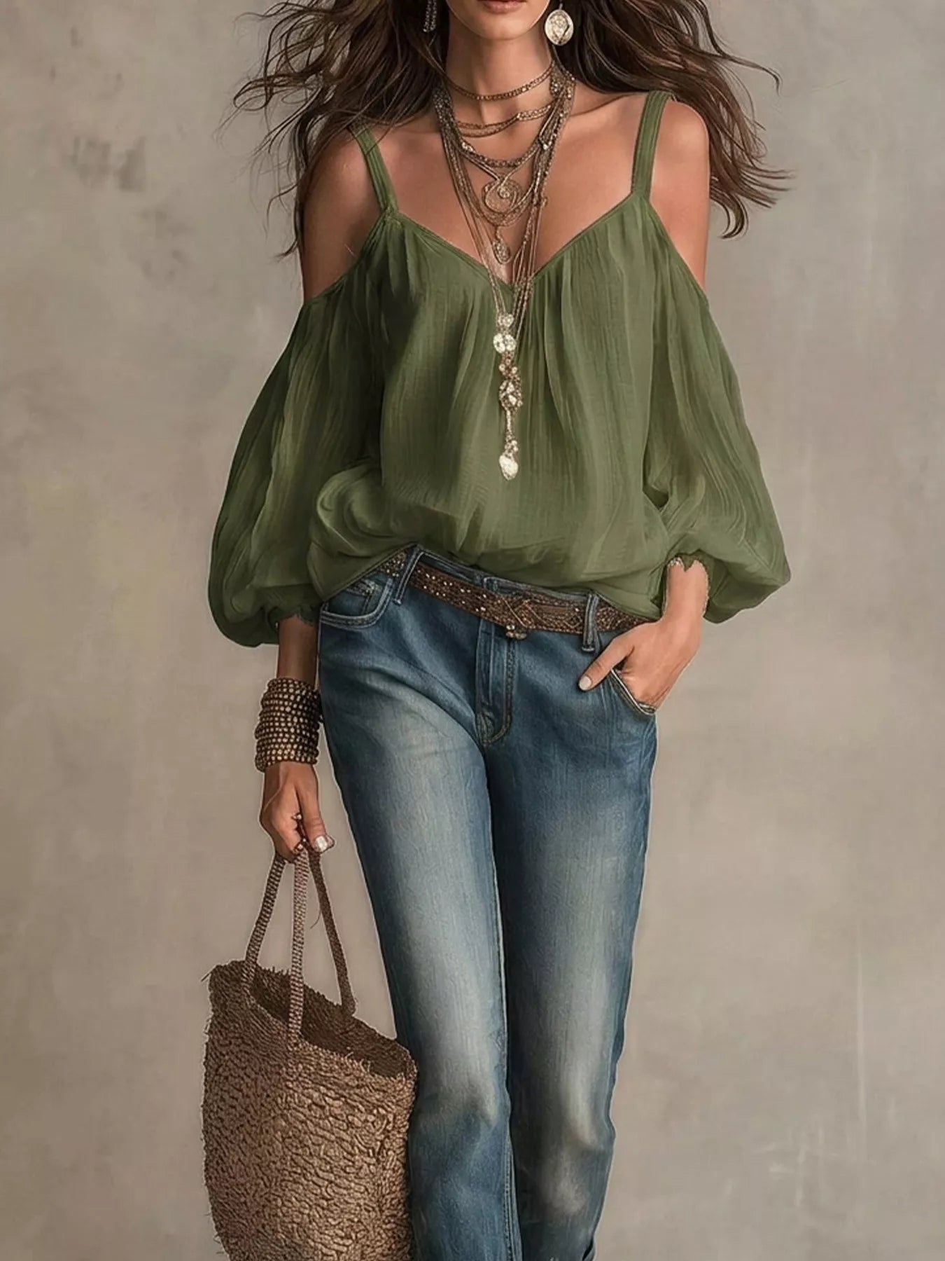 Army green cold-shoulder balloon sleeve blouse with thin straps and tassel V-neck