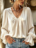 Beige satin V-neck ruched blouse with gathered front and flounce sleeves