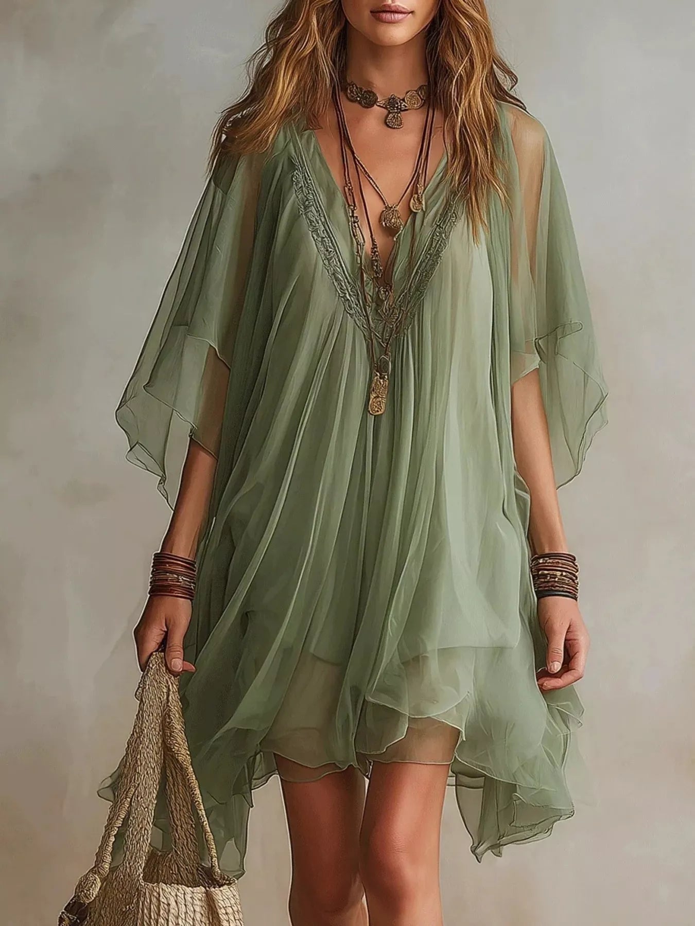 Green chiffon mini dress with lace-trimmed V-neck and flowing flutter sleeves