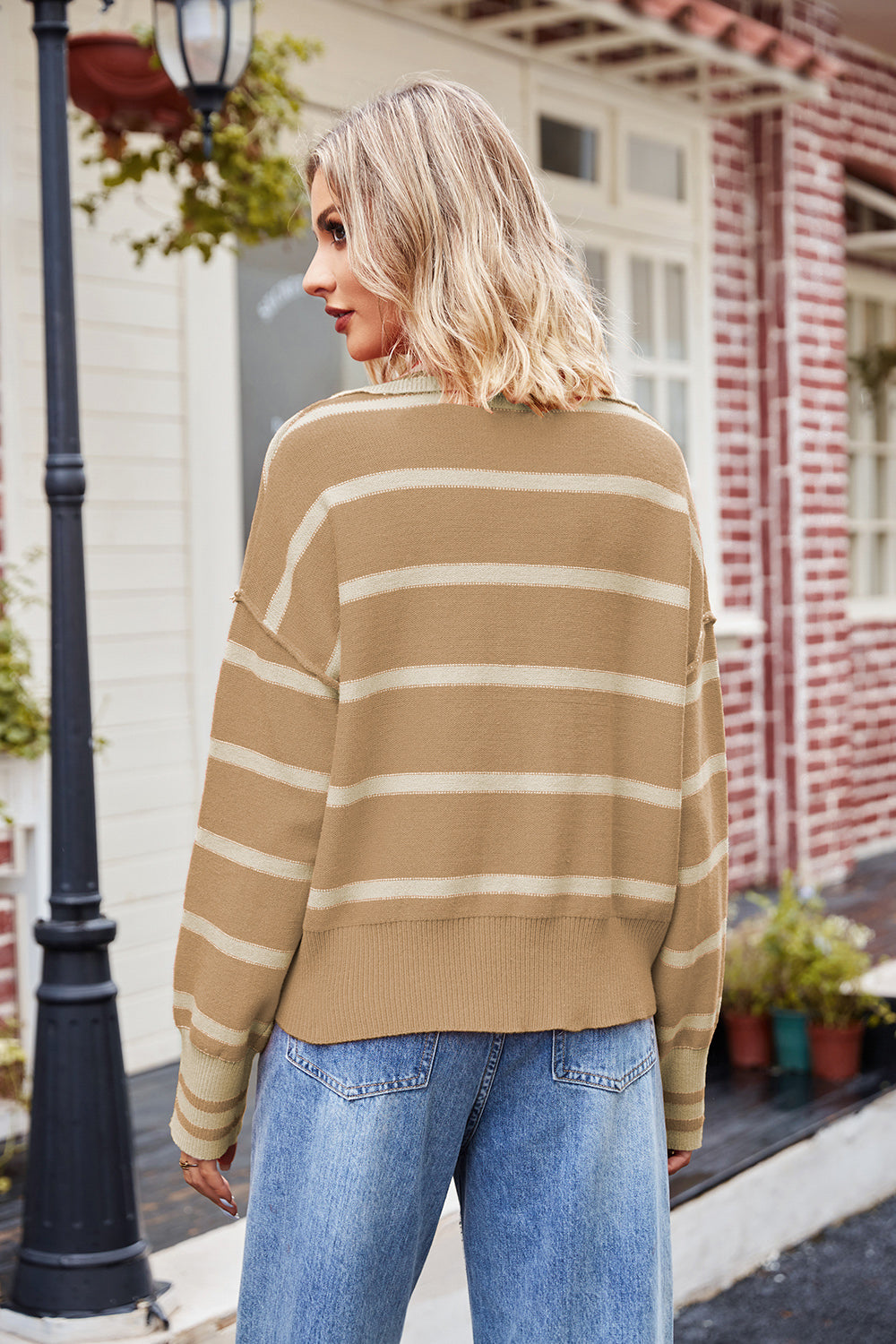 Striped Johnny-collar sweater in tan and white, long sleeves, back view