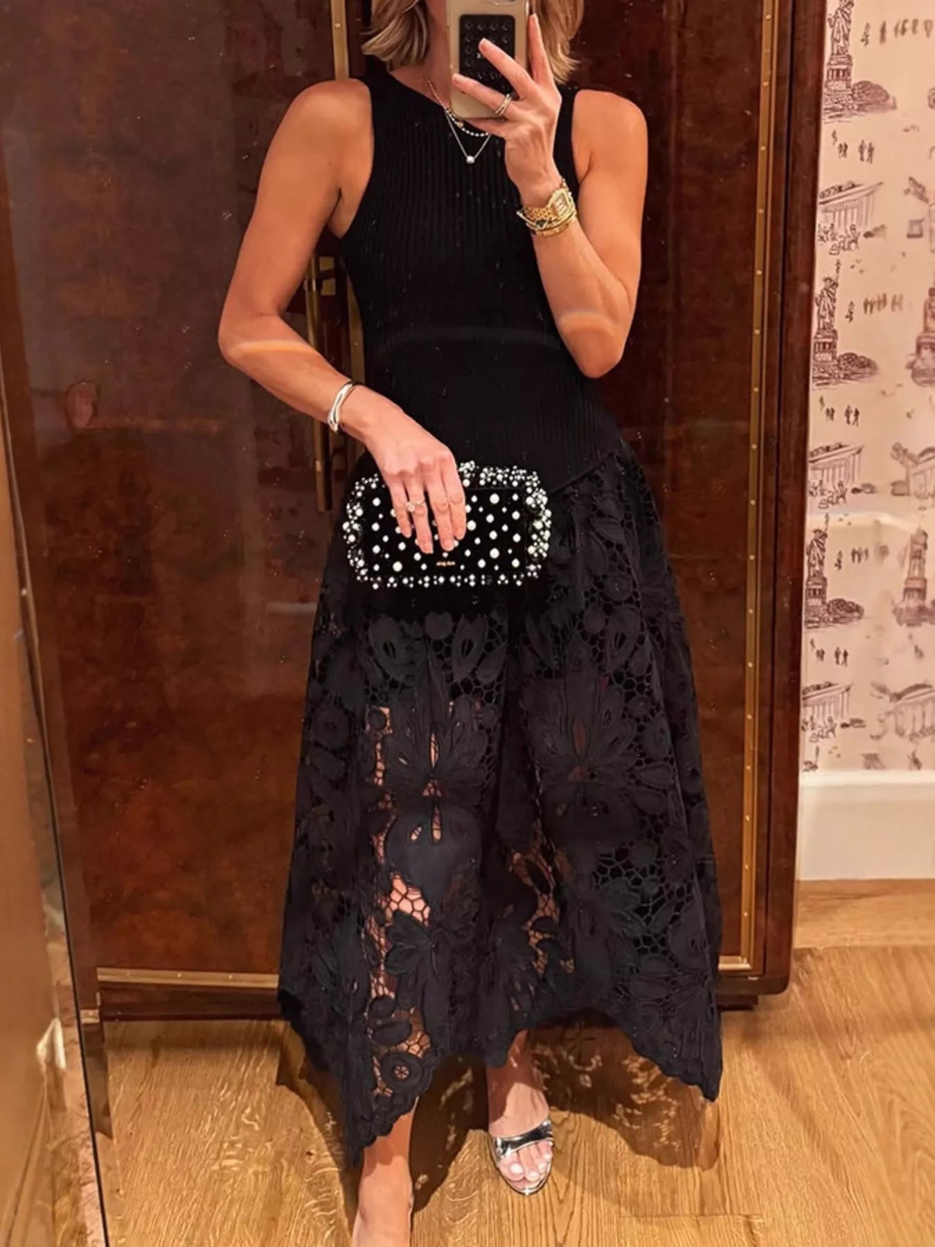 Cedar & Moore Sleeveless ribbed crochet midi dress in black with zipper detail.
