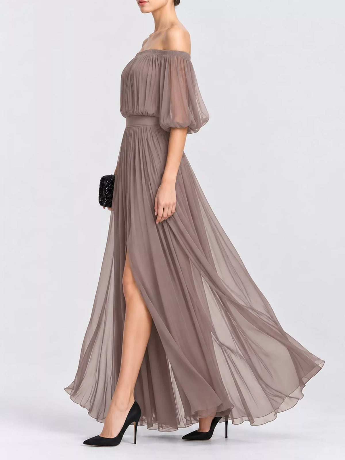 Taupe off-shoulder ruched chiffon maxi dress with puff sleeves, slit, and flowing skirt
