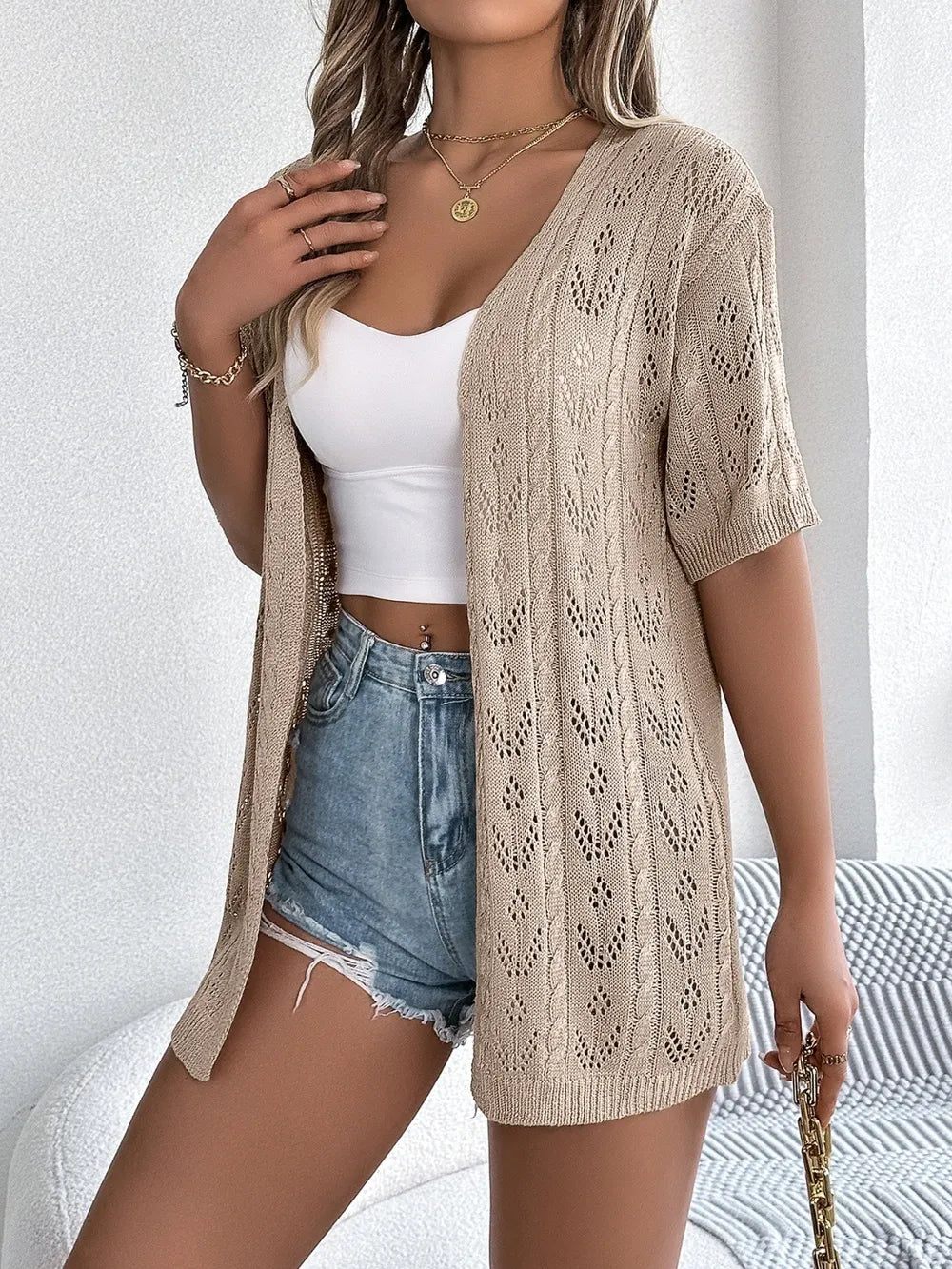 Tan openwork open-front half sleeve cardigan with short sleeves and open front