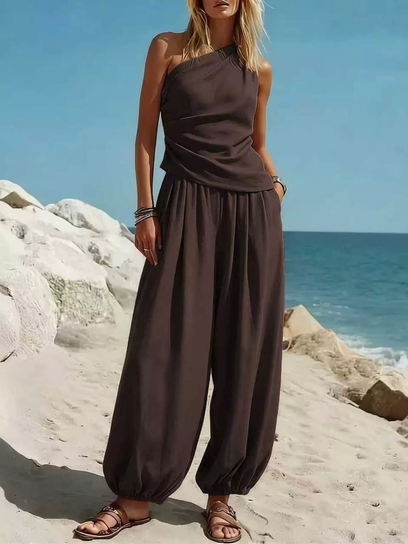 One-shoulder top and wide-leg pants set, chocolate brown; gathered waist and wide pant legs
