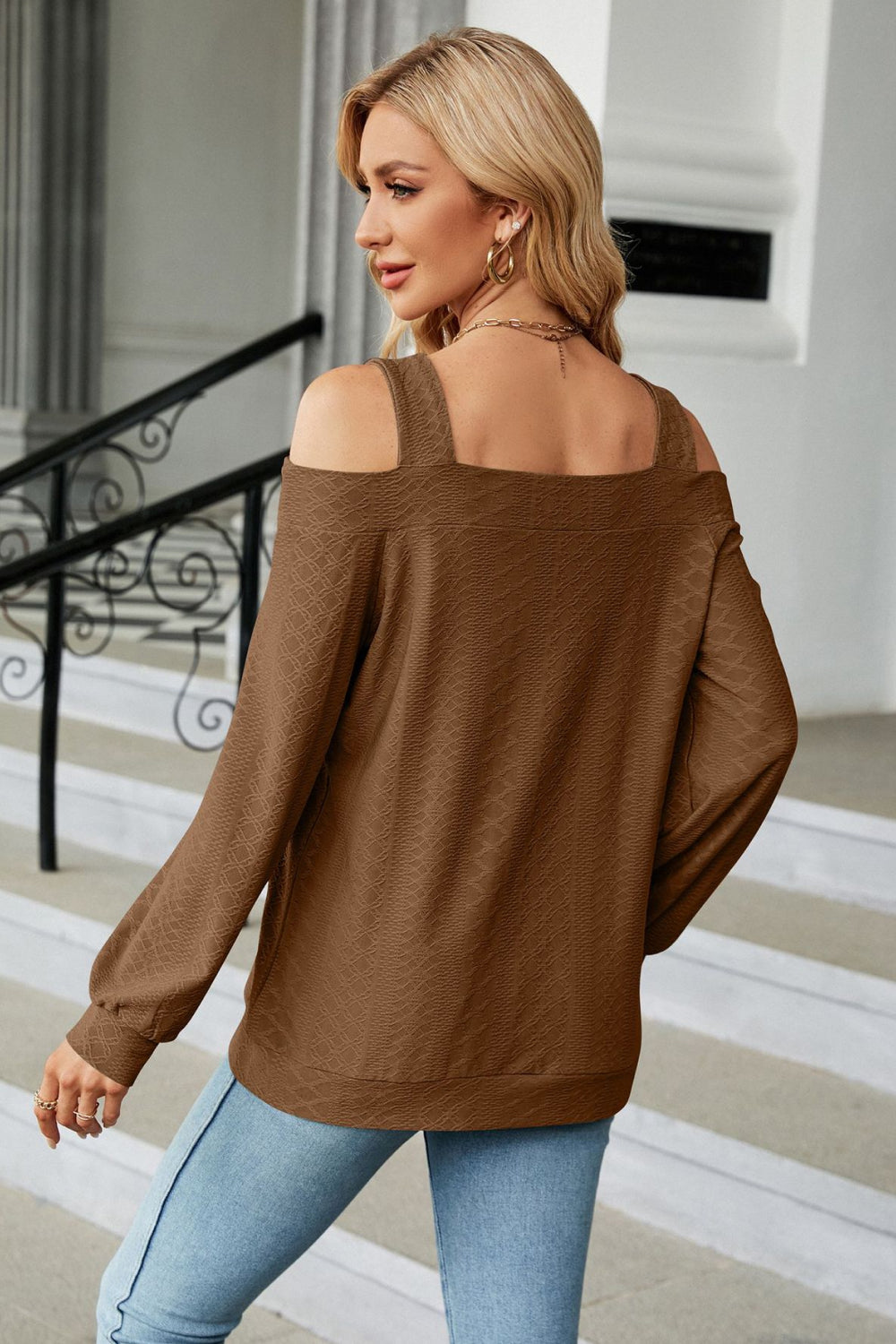 Dark brown cold-shoulder square-neck cutout blouse with long sleeves
