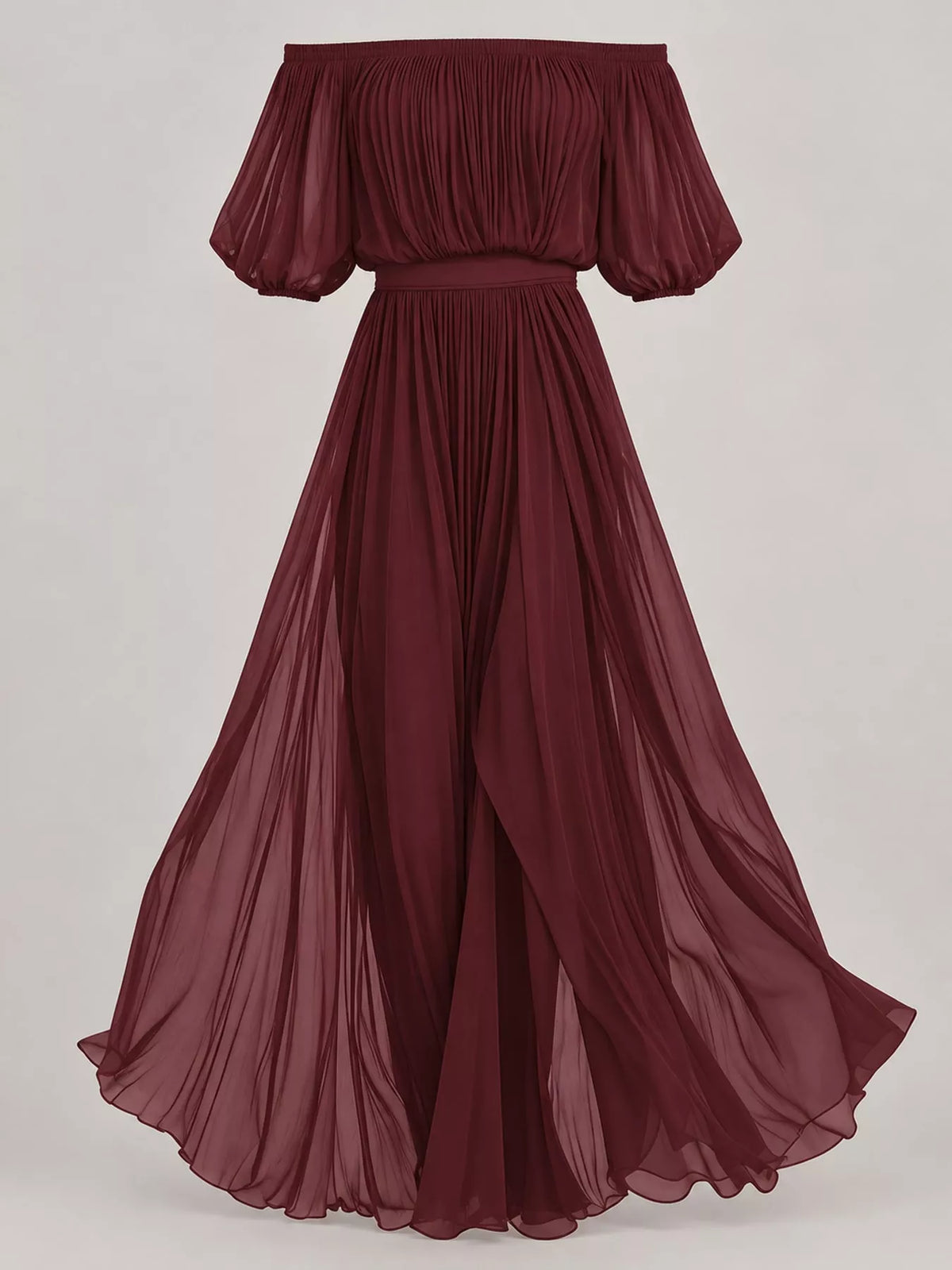 Burgundy off-shoulder ruched chiffon maxi dress, draped back and flowing hem
