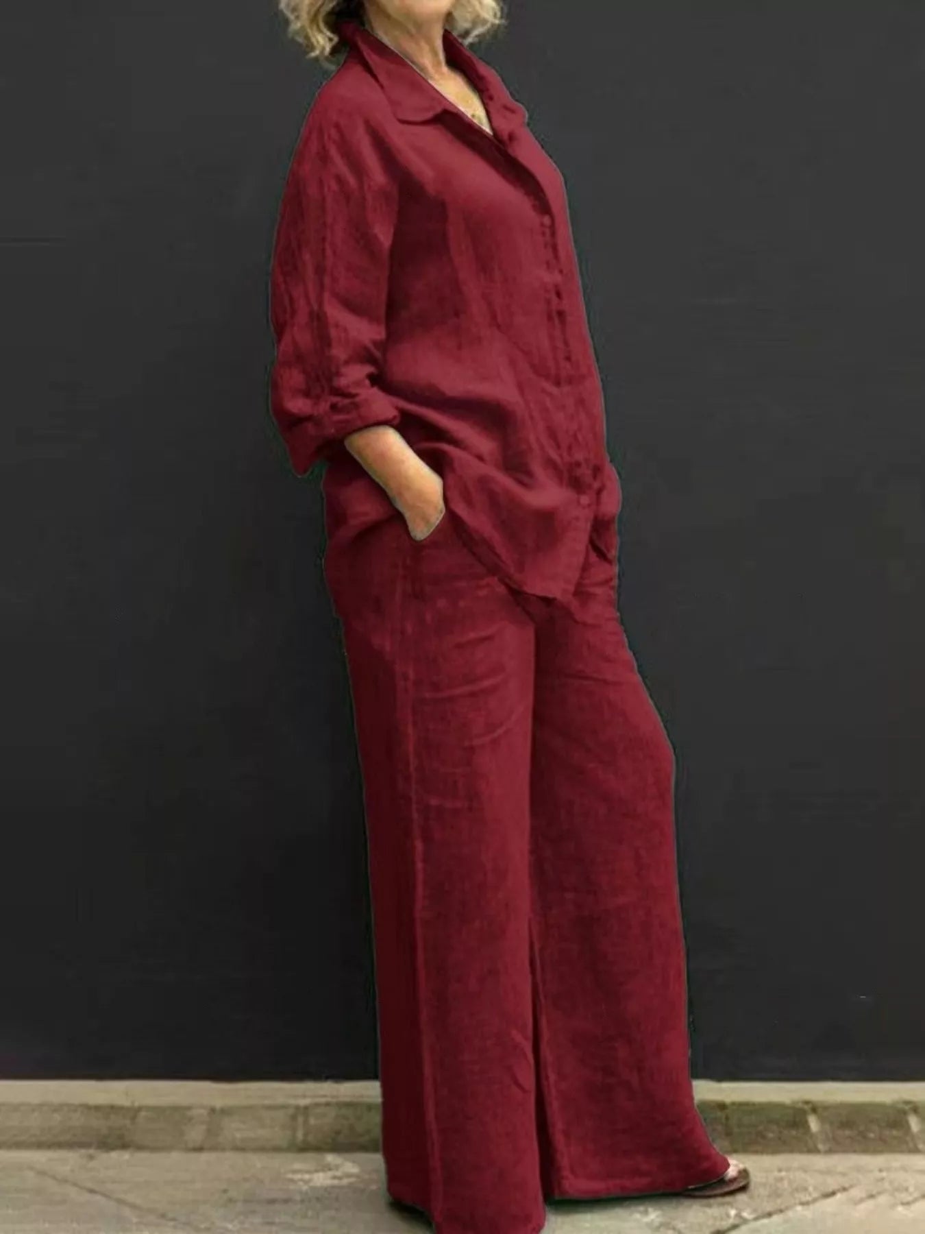 Long-sleeve shirt and pants set in wine red, button-front shirt with wide-leg pants