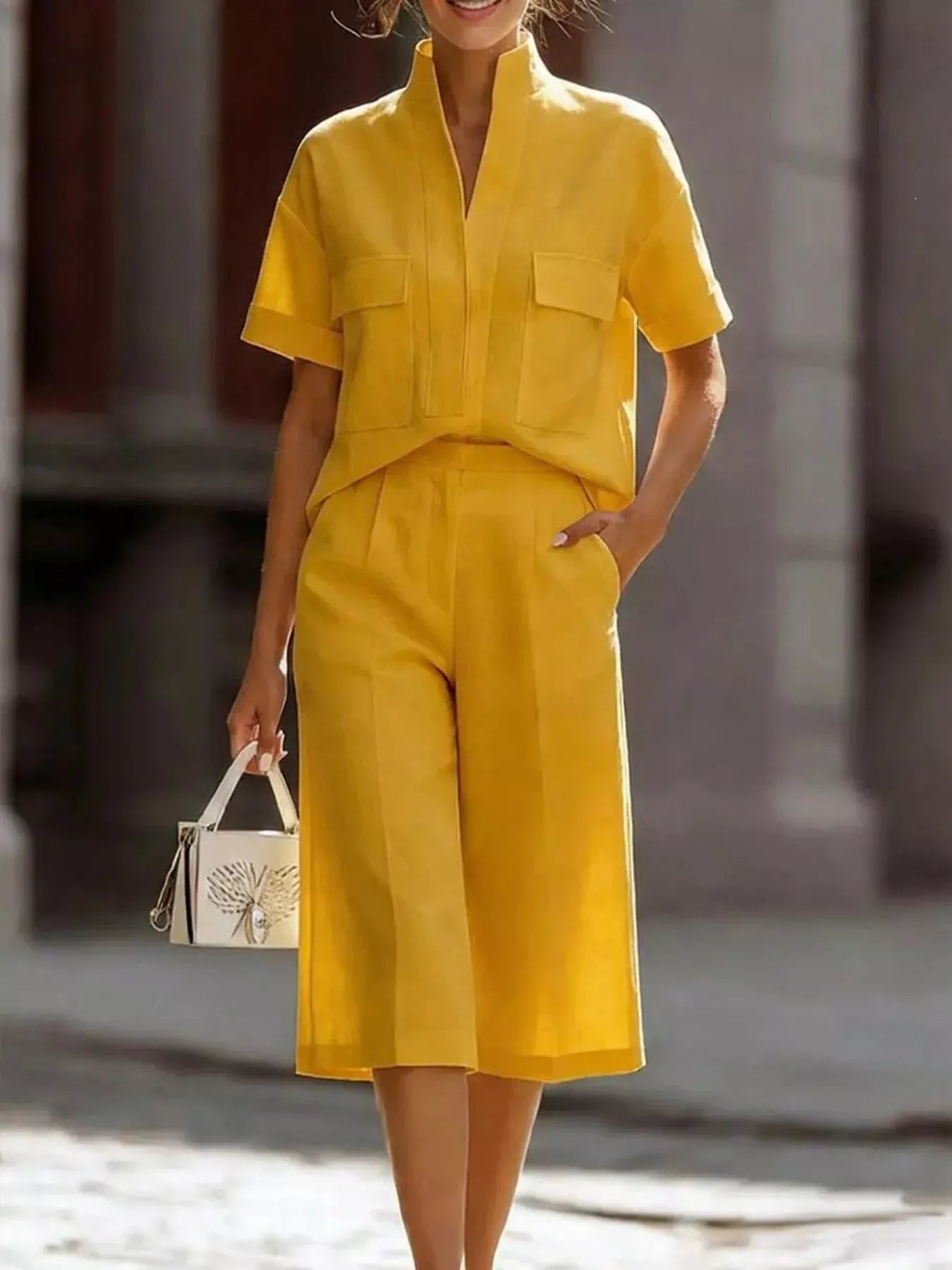 Gold short-sleeve button-front top and wide-leg pants set, chest pocket
