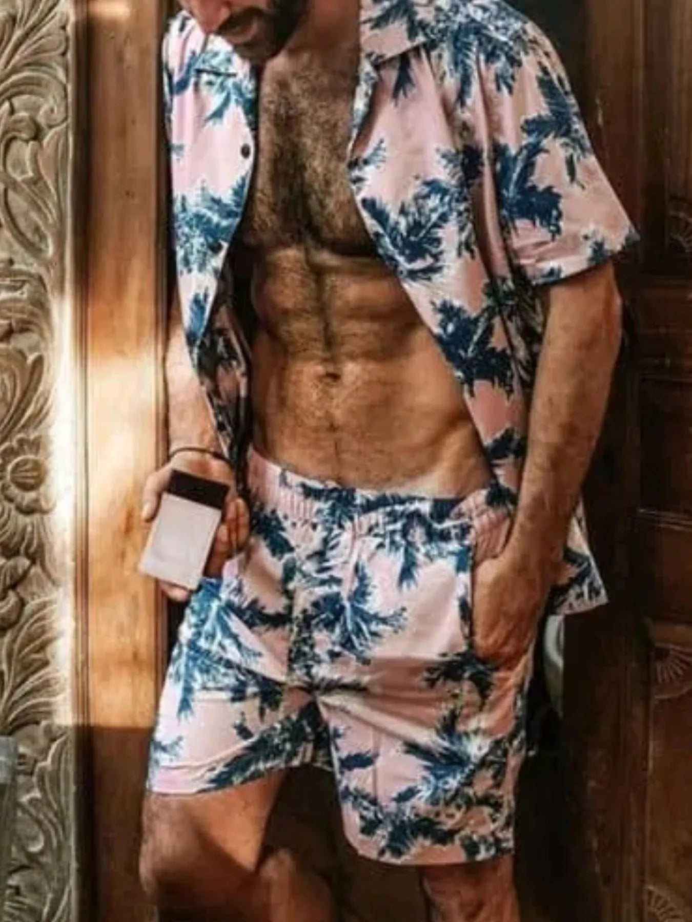 Men's tropical print Hawaiian set, pink top and shorts, button front and elastic waist