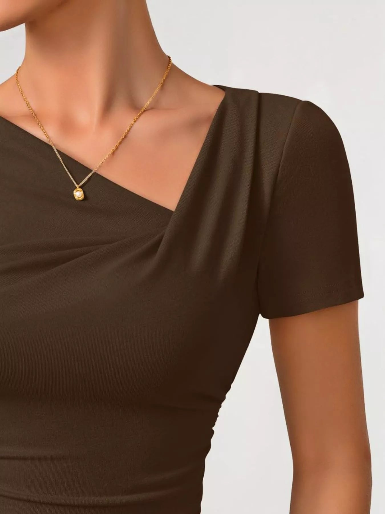 Cedar & Moore Asymmetrical Neckline Fitted T-Shirt in brown by Trendsi