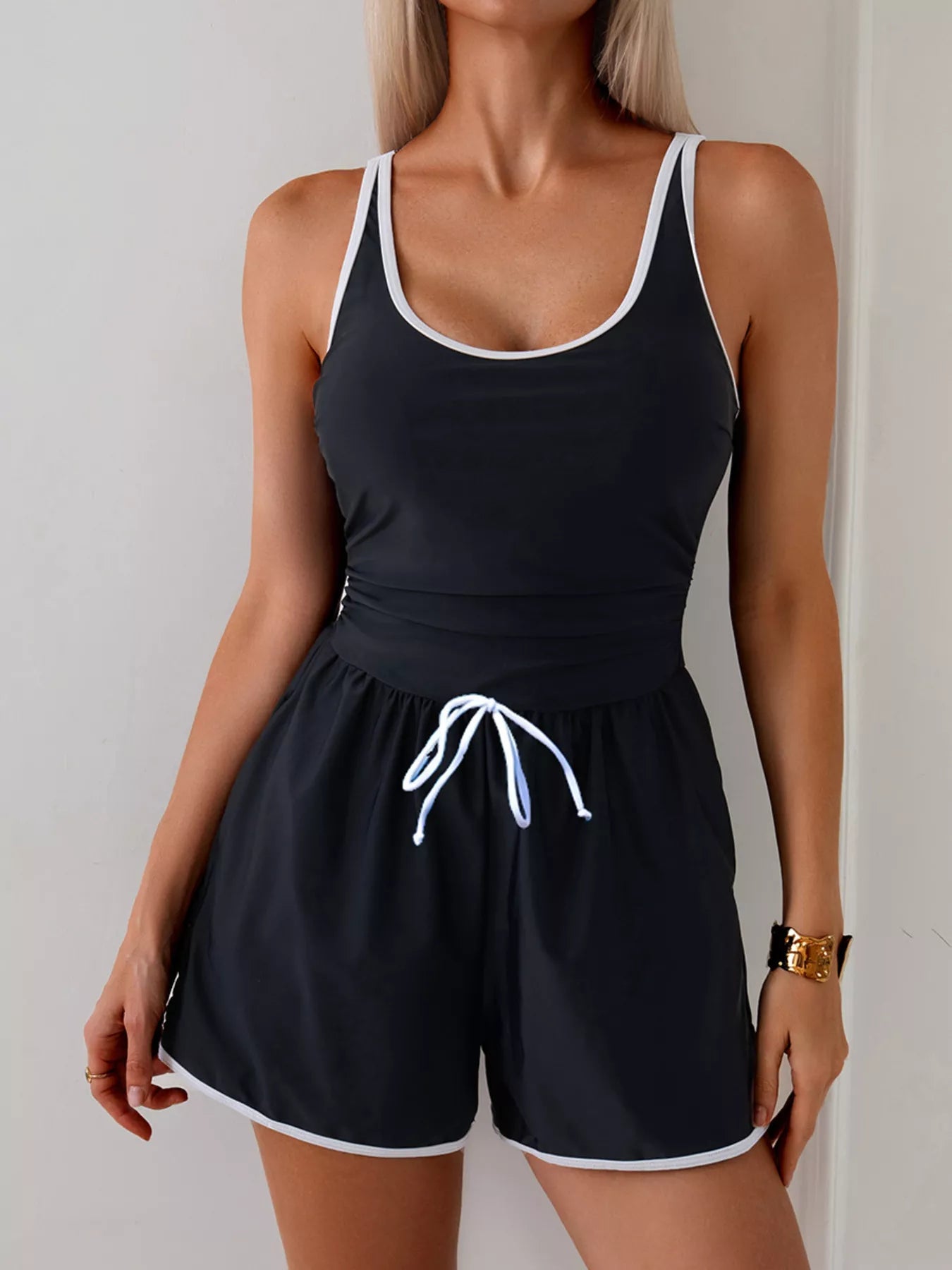 Trendsi black contrast-trim scoop-neck one-piece swimsuit with white trim and drawstring waist