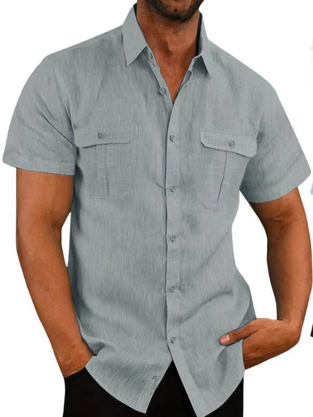 Light blue men's short-sleeve collared button-up shirt with chest pockets